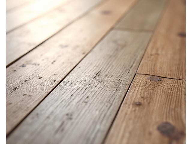 Close-up of reclaimed wood flooring with visible grain and FSC certification stamp, in a sustainable setting.