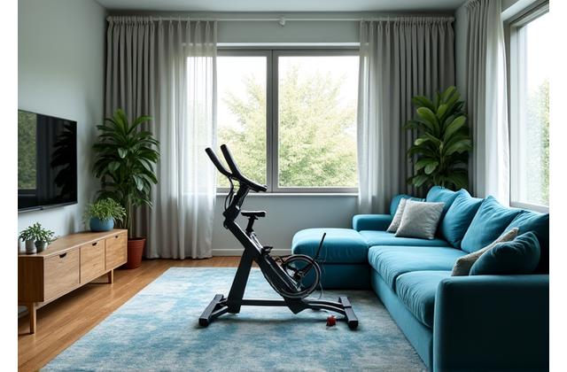 Living room subtly integrated with fitness equipment, maintaining aesthetic harmony